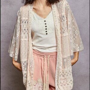 POL Elegant Lace Kimono Cardigan Blush Pink sz L NEW
